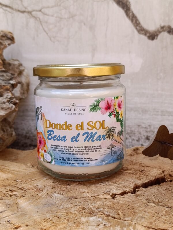 vela aromática de cera de soja sin tóxicos cuando el sol besa el mar, aroma a coco y vainilla de tahití