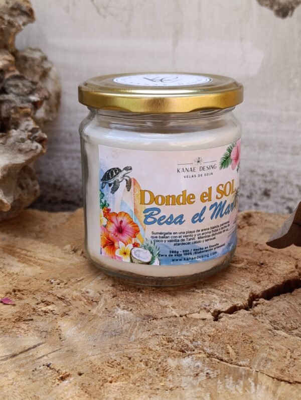 vela aromática de cera de soja sin tóxicos cuando el sol besa el mar, aroma a coco y vainilla de tahití
