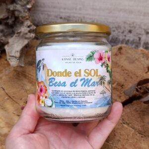 vela aromática de soja donde el sol besa el mar, vainilla de Tahití y coco